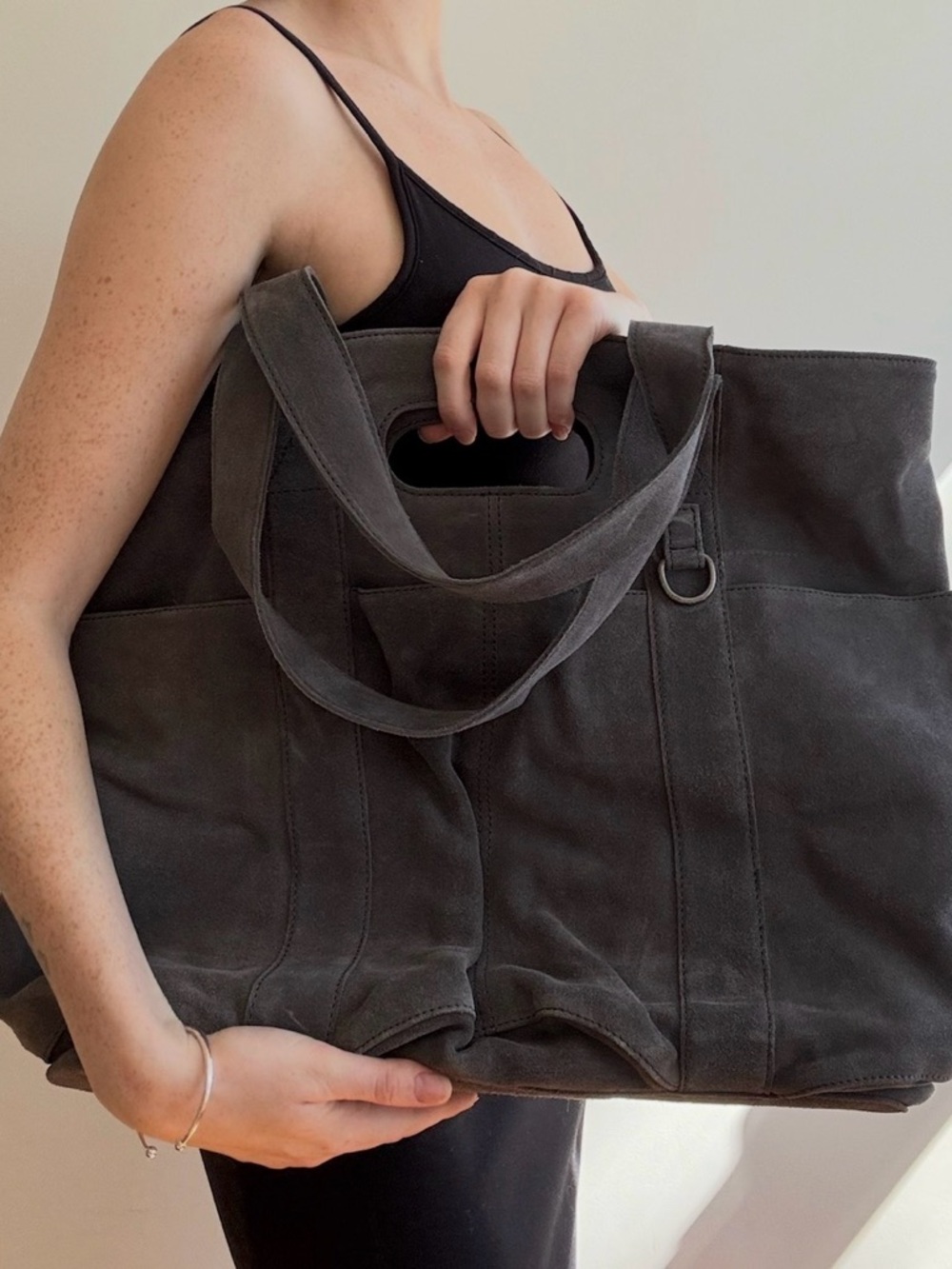 Free People Suede Caravan Tote charcoal gray. NWOT